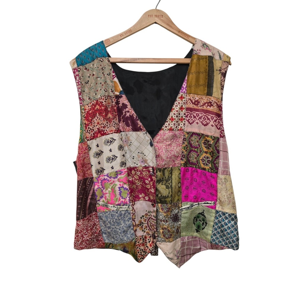 Womens 90s Vintage Patchwork Vest Satin Block Print India